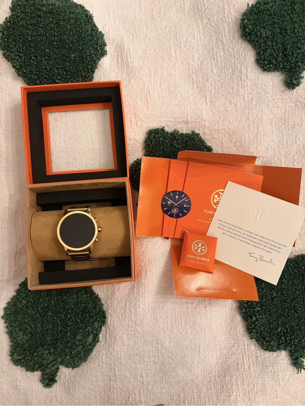 Tory Burch Navy Dial Watch with Gold Accents and Orange Packaging